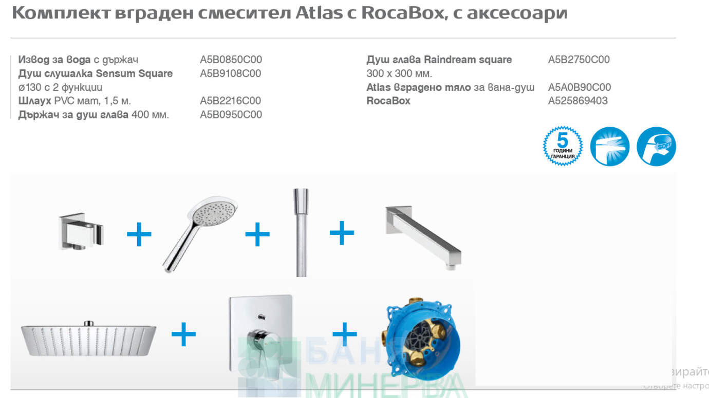 Roca Atlas Raindream Комплект за вграждане с квадратна душ пита 300 мм