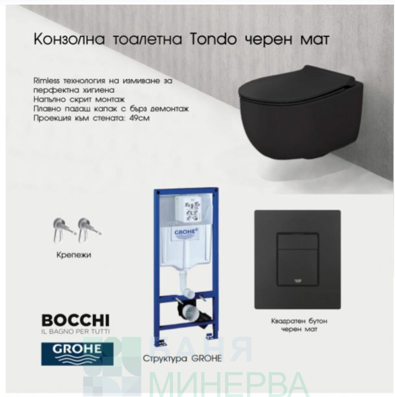 Grohe Структура за вграждане+Bocchi Tondo Rimless Черен мат конзолна тоалетна