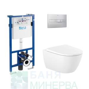 Roca ONA Rimless A346687000 промопакет , капак заб. падане A801E12001 , DUPLO A890090020, A890098005 PL4 двоен бутон,бяло+хром мат