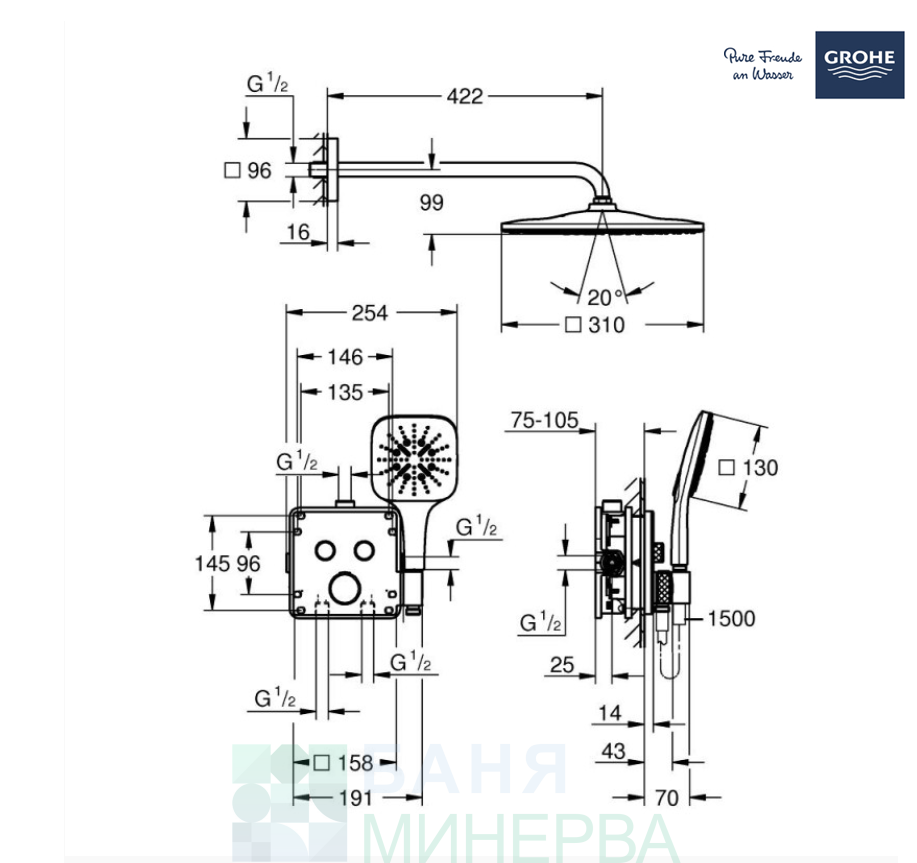 GROHE Grohtherm SmartControl Cube 34865KF0 Душ система за вграждане 310 Phantom Black - Image 2