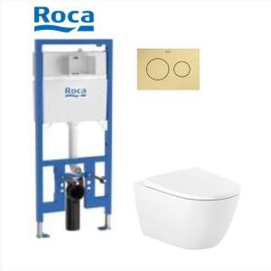 ROCA Структура за вграждане DUPLO S 90 A8900A0020 и ONA Rimless тоалетна чиния с Бутон BRUSHED Brass 