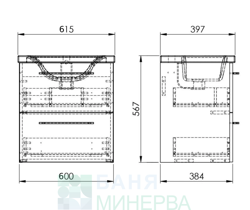 ROCA ROMA COMPACT A852473808 RURAL OAK Шкаф за баня с две чекмеджета и умивалник 615-395 мм - Image 2